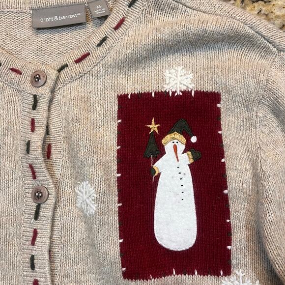 Croft & Barrow Women's Medium Full Zip Cardigan Sweater Tan Snowman Christmas - Picture 1 of 7